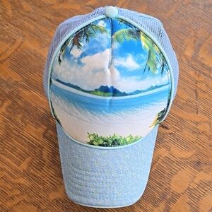 Tropical Beach Scene Blue Trucker Hat